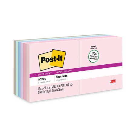 Post-It Note, Pad, SuprStiky3"x3", Ast, PK12 654-12SSNRP